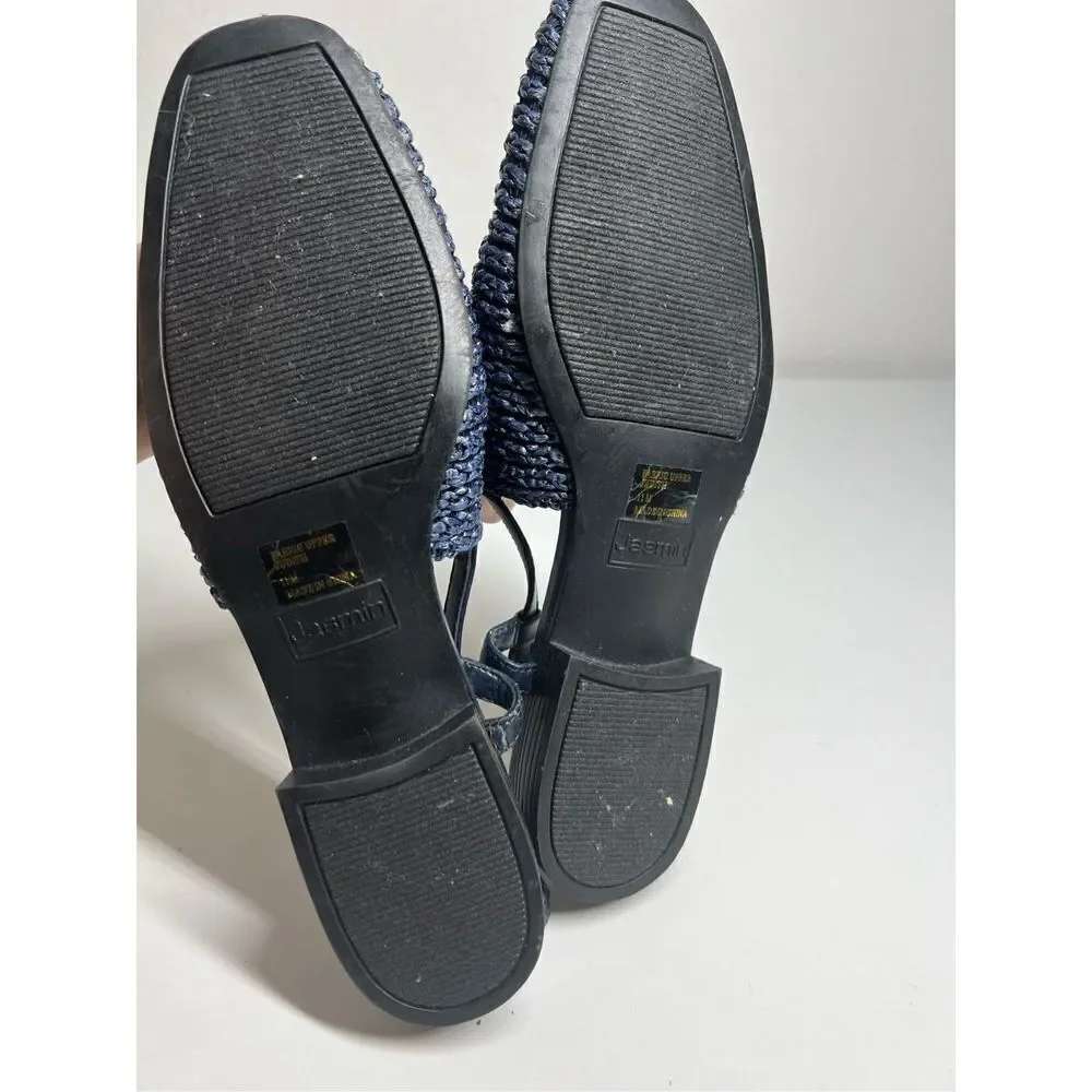 Jasmin Navy Blue Stretch Macrame  Leather Combination Flat Heel Sling Back Slip